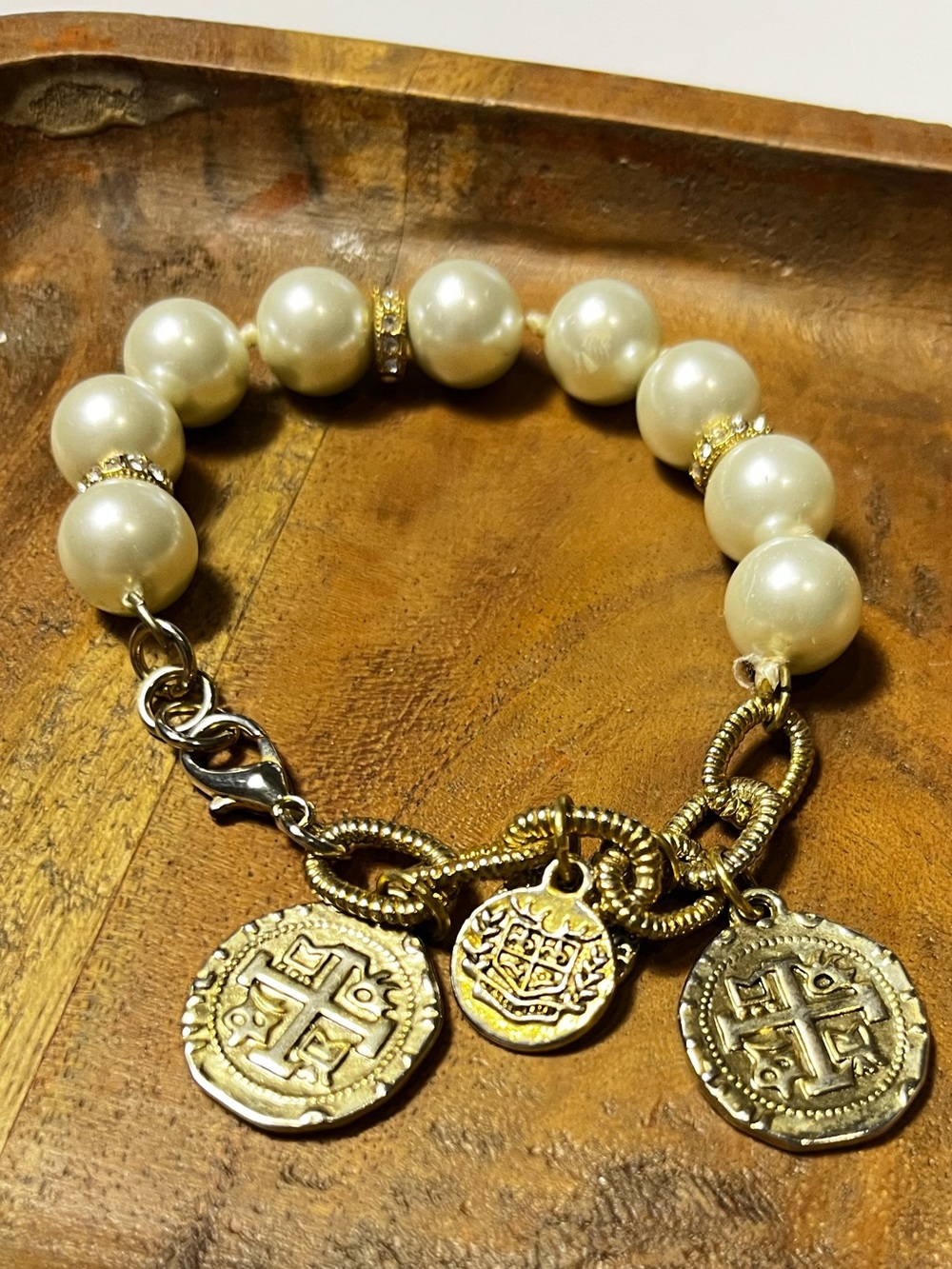 Gold & Pearl Charm Bracelet with Coin Medallions - Picture 2 of 5